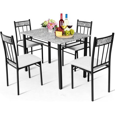 COSTWAY Marble 5-piece Kitchen Dining Set Dining table w/Sponge Cushion-Grey (1/5)
