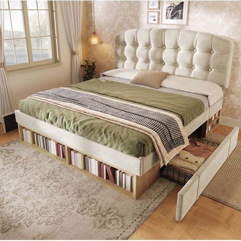 DESVIAE Lit double rembourré en velours avec tête de lit réglable rangement et tiroirs 140 x 200 cm beige (1/5)