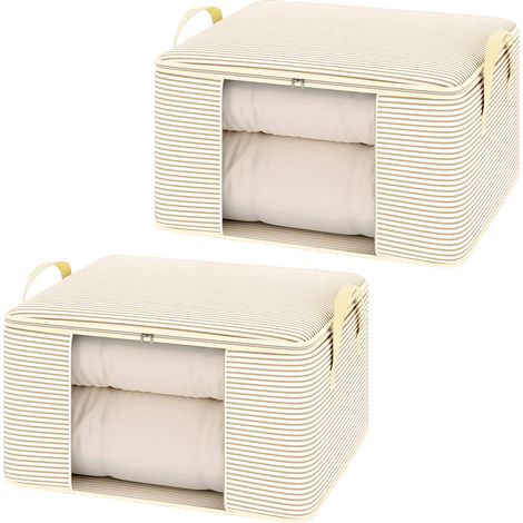 Lot de 2 Sac de Rangement Vetement avec Fermeture Éclair et Fenêtre Transparente pour Vêtements Saisonniers et Literie, 60 x 40 x 30 cm (Rayures Beiges) (1/5)