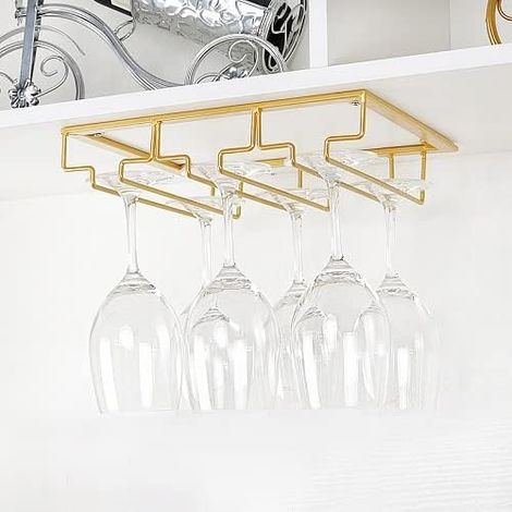 Support de Verre à Vin - Porte-Verres à Pied Suspendu sous Armoire en Métal avec Vis, Support de Rangement pour Verre en Fer Inoxydable avec 3 Rangées pour Cuisine, Bar, Restaurant Doré (1/4)