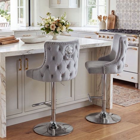Wahson Barhocker 2er Set Samt höhenverstellbar, modernes Design Löwenring-Zuggriff Gepolsterte Sitzhöhe einstellbar 60-82cm für Küche & Bar, Grau (1/5)