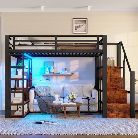 Lit mezzanine moderne 140x200 cm métal et MDF noir avec étagères, marches de rangement, garde-corps et LED (1/5)