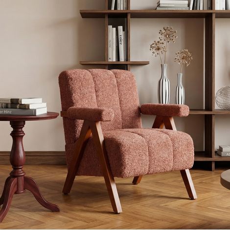 Sillon con reposabrazos de roble macizo y bouclé rojo oxido, estilo moderno Mid-Century,77x68.5x77 cm (1/5)