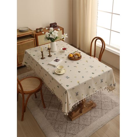 Nappe beige brodée à motifs de marguerites et ornée de pompons, idéale pour les tables à manger, les cuisines et la décoration intérieure (135135CM) (1/5)