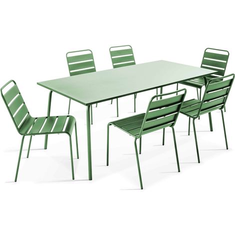 Oviala – Ensemble table de jardin rectangulaire 6 places – 1 table 180x90cm en acier thermolaqué – 6 chaises empilables en métal – Résistant à la rouille