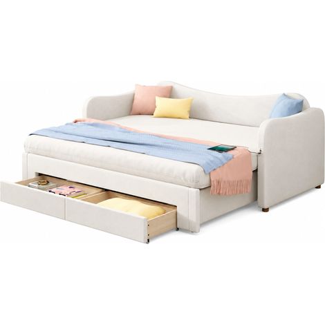 Lit banquette convertible 90x200 à 180x200 en velours beige, avec 2 tiroirs de rangement, ports USB et type C, sommier inclus, sans matelas  CHICFURN (1/5)