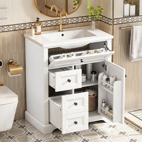 Meuble vasque autoportant 76 cm en MDF blanc soft blanc (1/5)