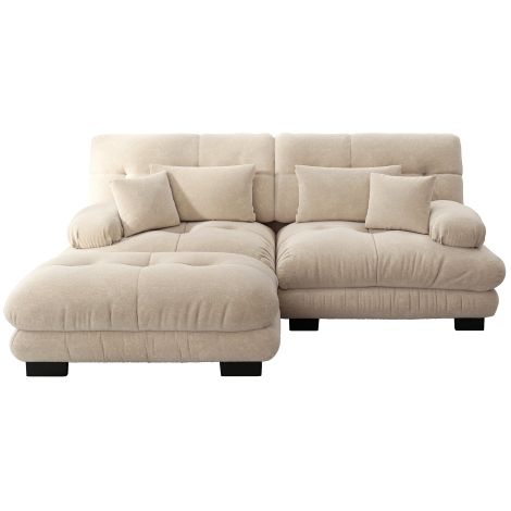 Canapé d'angle chenille beige clair avec 4 coussins et ottoman (1/5)