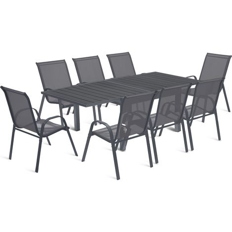 Idmarket – Ensemble table extensible 90-180 cm et 8 chaises en acier et composite aspect bois gris anthracite – Confort optimal et design moderne