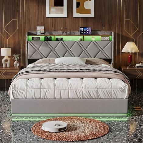Lit Double Coffre 140x200 cm avec LED, Lit Rembourré Hydraulique avec USB et Type-C, Lit Capitonné avec Sommier à Lattes, Lit 2 Personnes avec Rangement, Gris (1/5)