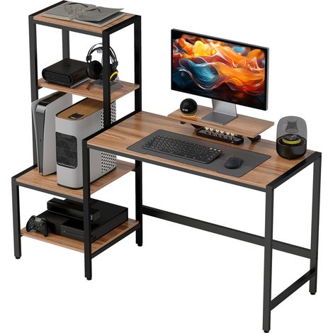 Bureau PC avec étagère réversible à 4 niveaux et support pour écran, bureau d'ordinateur 15,6" avec processeur et dessus d'imprimante, pour bureau et étude, 150 x 48 x 125 cm, marron (1/5)