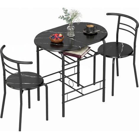 Ensemble repas 3 pièces, table de cuisine et chaises pour 2 personnes avec étagère, salon, aspect marbre noir (1/5)