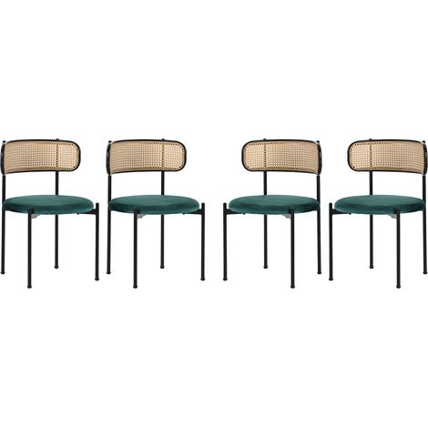 Silla de comedor de terciopelo verde, juego de 4, con respaldo de ratán y patas metálicas (1/5)