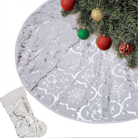 Jupe de sapin de Noël de 122 cm (48 pouces) avec coussins décoratifs de Noël, bordure flocons de neige, style champêtre, argentée (1/5)