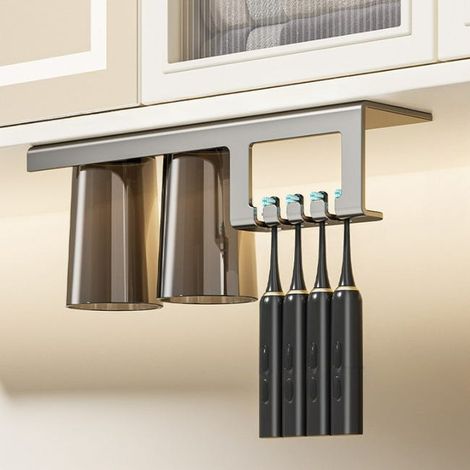 Etagère Porte-brosse à dents électrique Porte-gobelet magnétique pour bain de bouche Support mural 2 gobelets pour brosse à dents ,Gris foncé 2675