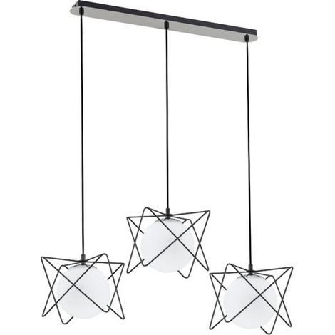 Alfa SAGITO TRACK Industrial Triple Pendant Light, 3x White Glass Globe Shades, Black Metal/Chrome Linear Ceiling Lamp, 3xE14 Max 10W, Dimmable, 90cm, 85cm Wide (1/2)