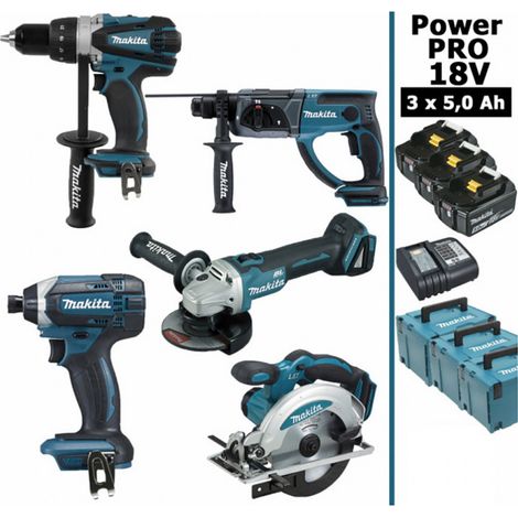 Makita – Pack de 5 outils électroportatifs 18V – Perceuse 91Nm, Perfo-burineur 2J, Meuleuse 125mm, Visseuse 165Nm, Scie circulaire 165mm – 3 batteries 5Ah (1/8)