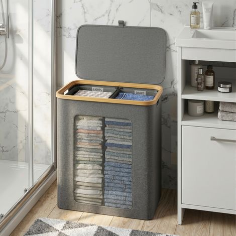 Klyvvo 140L Panier à Linge 2 Compartiments avec Couvercle (65 à 70 vêtements) - en Cadr Bambou & Tissu Oxford 600D Étanche - panier linge sale avec Sacs Intérieurs Amovibles -  parfait pour la Buander