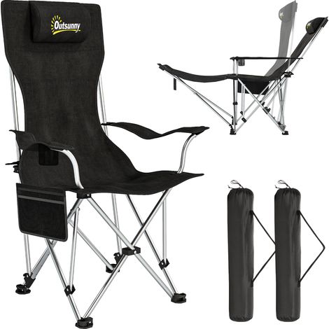 Lot de 2 chaises de camping pliante inclinable avec repose-pieds. sac de rangement. porte-gobelet et appui-tête. noir (1/5)