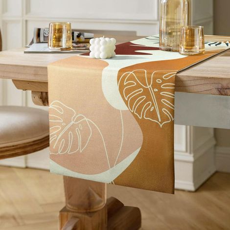 Tischläufer Braun Abstrakt Blatt Leinen 40x140 cm Waschbar Modern Boho