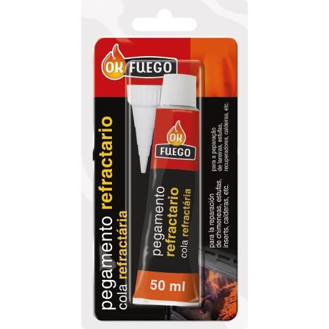 OKFUEGO pegamento refractario 50 g , Pegamento refractario 50 g, adhesivo especial diseñado para unir y sellar pequeñas superficies sometidas a altas temperaturas.

Características