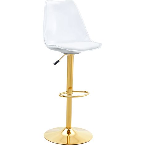 Lot de 2 tabourets de bar réglables avec dossiers en plastique transparent et assises en PU blanc, pieds métalliques dorés (1/5)