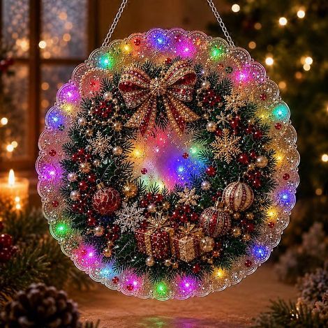 Décoration murale lumineuse en acrylique avec guirlande LED, à peindre soi-même en 5D avec des diamants. Idéale pour décorer fenêtres et portes pendant les fêtes de fin d'année. (1/5)