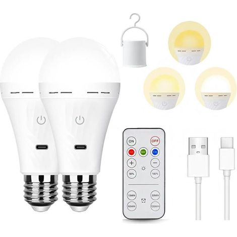 Lot de 2 Ampoule rechargeable avec télécommande, ampoule à intensité variable 3 couleurs, ampoule USB E27, ampoule à piles, ampoule de secours (1/5)