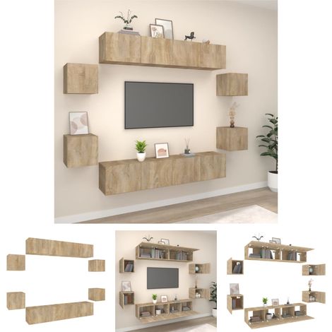 Wandmontage - vidaXL 8-tlg. TV-Schrank-Set Sonoma-Eiche Holzwerkstoff - Wohnzimmer (1/5)
