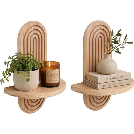 Boho Floating Wall Shelves, 2-Piece Set, Pine Wood (1/5)