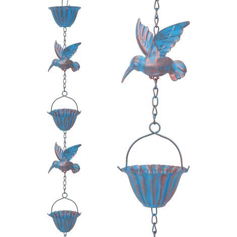 Catena per la raccolta dell'acqua piovana da 2,4 m con colibrì – Catena in metallo blu retrò, 7 uccellini e 7 coppe per grondaie, decorazione da giardino (1/5)