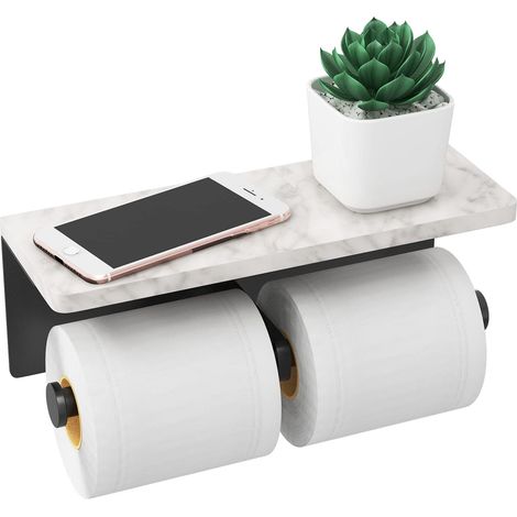 Porte-Papier Toilette avec étagère, Double Support de Papier Toilette avec Rangement, Support Mural pour Rouleau de Papier Toilette en marbre (Noir) (1/5)