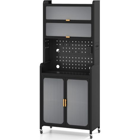 Credenza Mobile autonomo in metallo per angolo caffè con ampio piano di lavoro, Armadio cucina per sala da pranzo Nero (1/4)