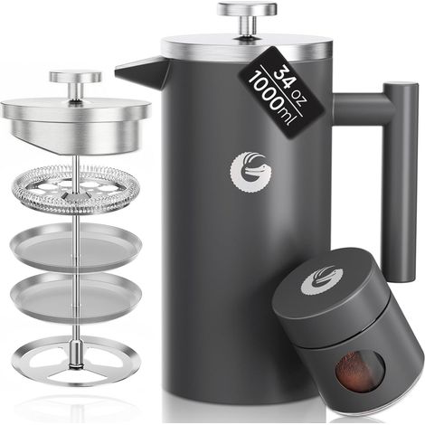 Cafetière À Piston 1 Litre, En Acier Inoxydable 304, Double Paroi Isolée, Filtration 4 Niveaux, Portable Pour Café ou Thé Chaud et Froid, Cuisine, Camping, Gris (1/5)