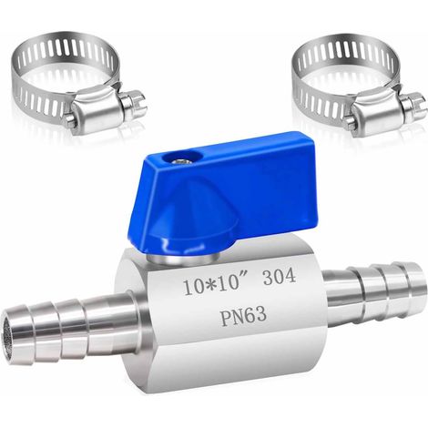 Robinet à Bille en Acier Inoxydable de 10 Mm, Robinet de Carburant De 10 Mm Avec 2 Colliers de Serrage, Vanne D'ArrêT à Bille à Joint Pagode Pour Eau, Gaz, Huile, Carburant, Raccord de Jardin (1/5)