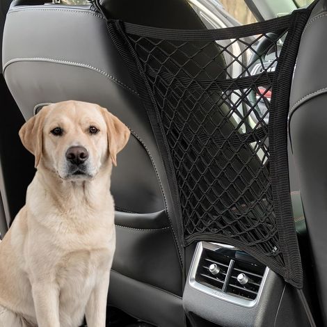 Organizador de malla de 3 capas entre los asientos delanteros – Barrera para niños/perros – Bolsillo elástico para pañuelos y cartera 30 x 27 cm para SUV y furgonetas (1/5)