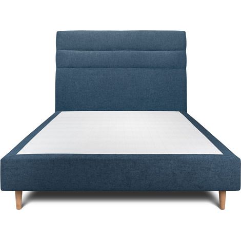 Lit 160x200cm avec tête de lit lignes tissu et sommier tapissier Bleu - Hauteur totale : 35cm (1/5)