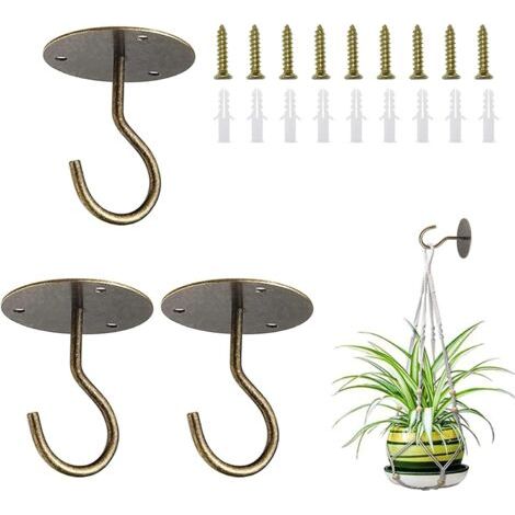 QORVA-Lot de 3 crochets de plafond pour suspendre des plantes, support mural en métal S avec vis et chevilles pour suspendre des paniers de plantes