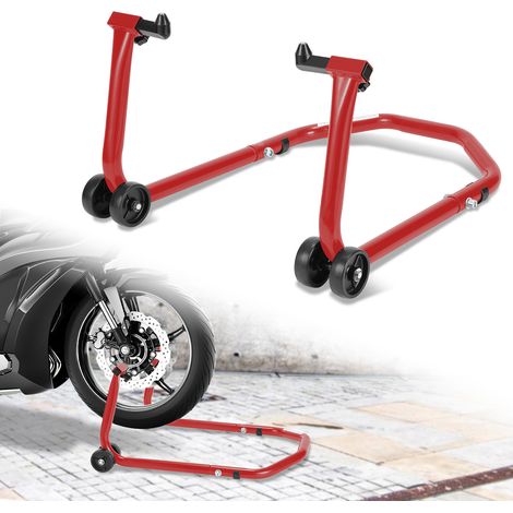 SWANEW Cavalletto per moto con pneumatico anteriore Sollevatore per moto su pneumatico anteriore con adattatori in gomma rossa e nera (1/5)