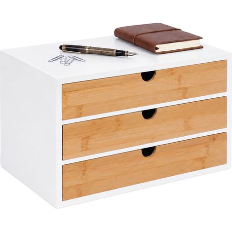 Relaxdays Caja con 3 Cajones, Bambú y MDF, Organizador de Escritorio, 20 x 33 x 21 cm, Blanco/Natural (1/5)