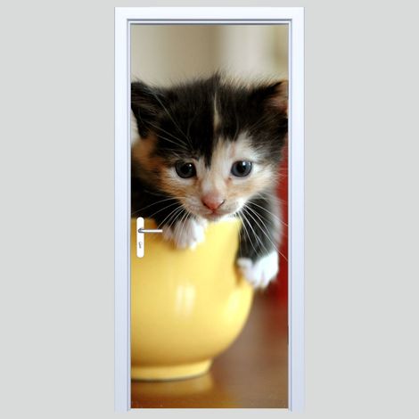 Adhesivo de tela para puerta con diseño de gatito en una taza 178PD