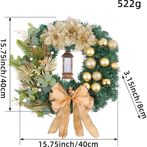 Couronne de Noël artificielle 40cm, poinsettia doré pailleté, boules dorées, nœud doré, lanterne vintage, décoration murale festive (1/3)