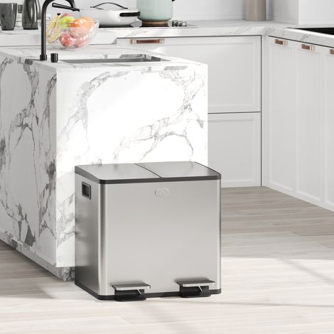 Poubelle Cuisine Inoxydable Compartiments 2x15l Couvercles Souples Fermeture Seau Amovible Mobilier Intérieur Acier Argent