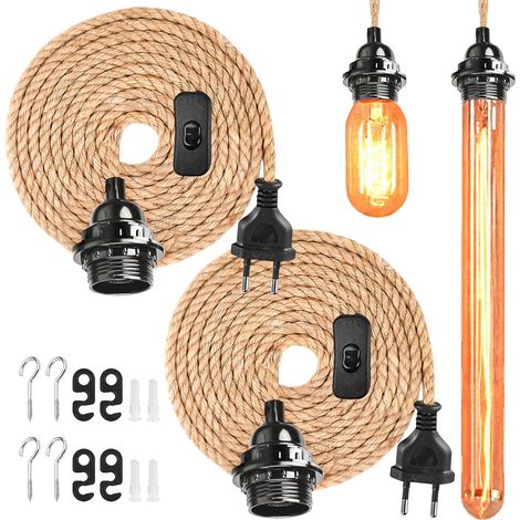 2 Pieces Hanging Kit with Switch, Vintage Lamp Cable, 4.5 m, E27, Twisted Hemp Rope, Without Bulb, Textile Cable, Lamp Socket with Cable, DIY Hanging Lamp for Home (1/5)