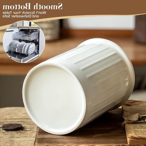 Portautensili da cucina in ceramica, adatto per piani di lavoro - 13,5 x 11 cm - barattolo con decorazioni in rilievo - portautensili da cucina - smalto lucido - bianco (1/5)
