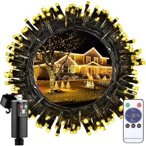 Guirlande Lumineuse Exterieur Noel à Pile, 15M 150 LED Guirlande Intérieur Blanc Chaud avec Télécommande/8 Modes/Timer, IP44 Étanche Lumières Decoration pour Chambre, Fête, Mariage, Escalier, Jardin (1/5)
