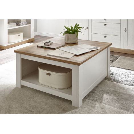 Landhaus Couchtisch mit Klappe & Stauraum LINARES-61 in Pinie weiß / Wotan Eiche Nb. - B/H/T ca.: 95/50/95 cm (1/5)