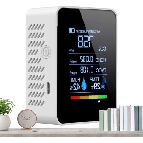 Moniteur de qualité de l’air intérieur 5 en 1 – Détecteur HCHO TVOC et CO2 – Analyseur d’air intelligent – Pour maison bureau et surveillance de l’environnement extérieur – Blanc (1/5)