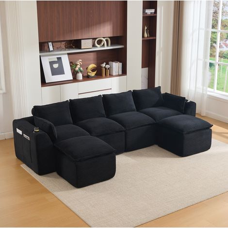 Canapé modulable 4 places 322x161x75 cm noir en velours côtelé avec poufs et rangements (1/5)