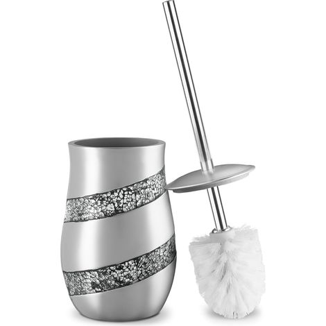 Ensemble brosse WC et support - Brosse de toilette et support en mosaïque argentée avec poignée robuste en acier inoxydable - Brosse à récurer pour salle de bain avec support décoratif (1/5)